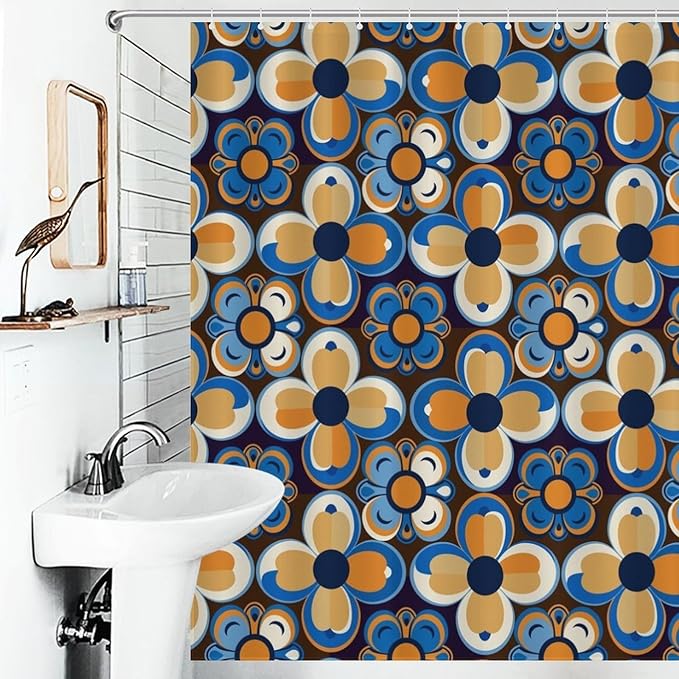 Bohemia Royal Blue Flowers Shower Curtain Mid Century Funky Retro Hippie 60s 70s Aesthetic Washable Waterproof Fabric for Bathroom Decor Bathtub with 12 Hooks 66x72in（168x183cm）