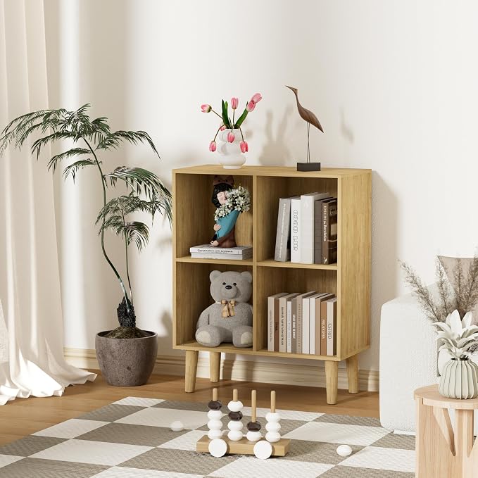 4 Cube Bookcase, Wooden Book Shelf Cube Storage Organizer with Legs, 2 Tier Bookshelf Freestanding Open Shelves for Living Room, Bedroom, Home Office (Oak, 4 Cube)