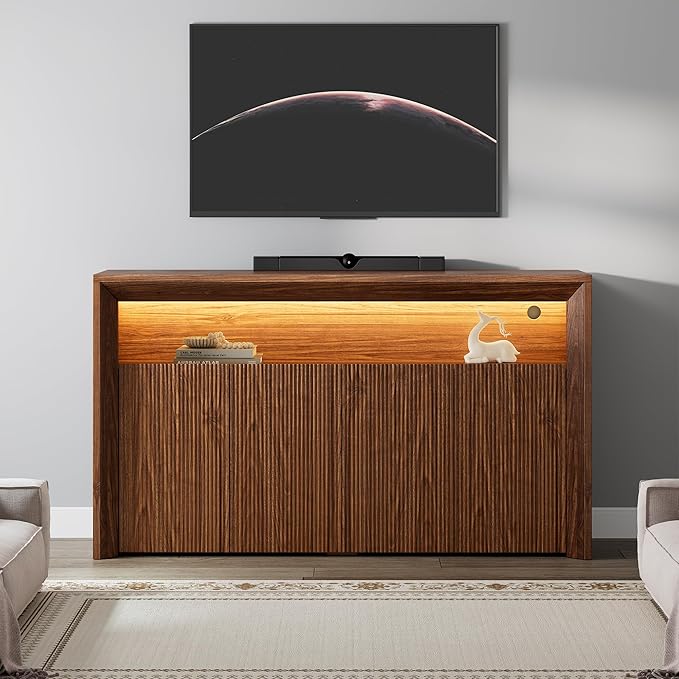 66.2" Buffet Cabinet with Storage and led Lights,Modern Sideboard Cabinet with 4 Doors & Shelves,Fluted Media Console Mid Century Coffee Bar Table for Living Room Kitchen Dining Room,Walnut