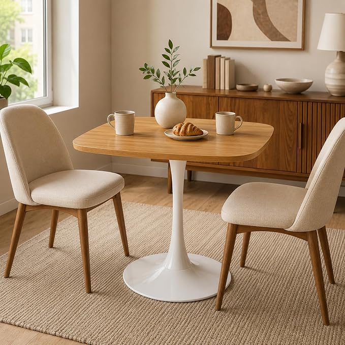31.5 Inch Oak Square Dining Table for 2-4, Mid-Century Modern Tulip Table with White Metal Pedestal Base, 0.71 Inch MDF Top for Small Space, Apartment, Kitchen, Breakfast Nook & Office