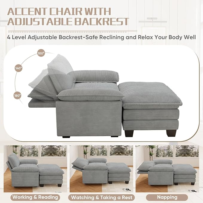 Chaise Lounge Chair Indoor, Oversized Accent Chairs with Ottoman, Luxury Corduroy Upholstered Deep Seat Sleeper Sofa Reading Chairs and A Half with Pillows for Living Room, Bedroom, Apartment, Grey