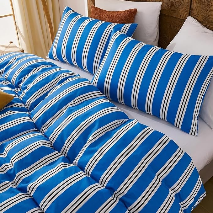 Merryword Striped Duvet Cover Set King Size - 100% Cotton Duvet Cover Set, Blue Ribbon Stripes Pattern Comforter Cover 3 Pieces, Soft Linen Like Bedding Set for All Seasons