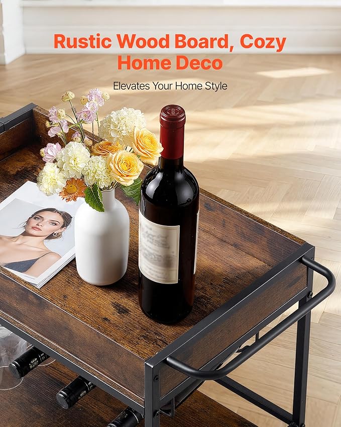 VEVOR Bar Cart, 3 Tiers Home Kitchen Serving Carts, Industrial Rolling Utility Station on Wheel, Mobile Drink Beverage Shelf with Wine Rack & Glass Holder, 26.77x14.17x32.68 in, Rustic Brown and Black