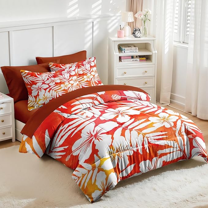 Nesker 7 Pcs Comforter Set King Size, Red Hibiscus Hawaiian Bedding Set for Kids and Adults, Flower Surf Floral Bed Sheet Sets with Fitted Sheet 2 Pillowcases & 2 Shams