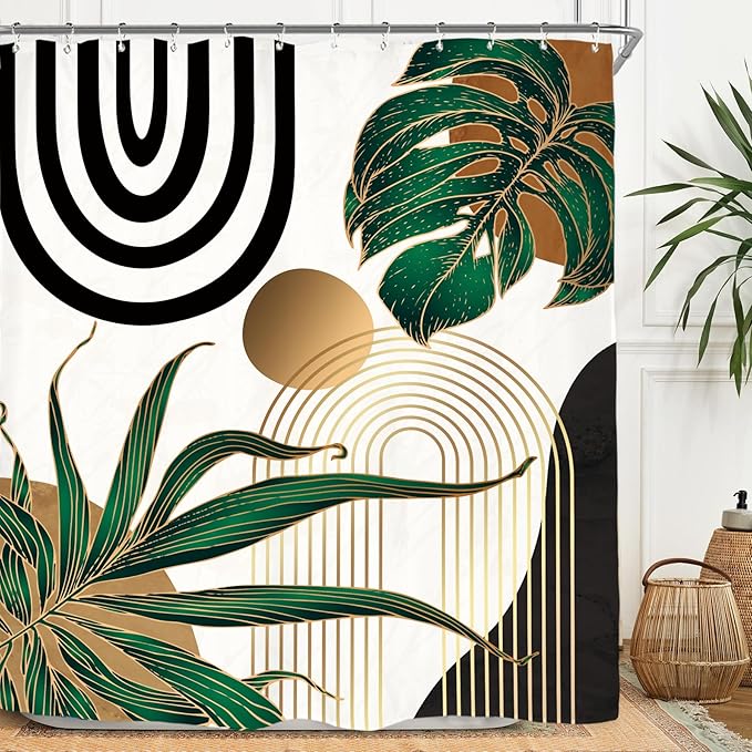 Miyotaa Emerald Green Abstract Shower Curtain Set 60Wx71H Inches Mid Century Minimalist Aesthetic Modern Contemporary Plant Tropical Polyester Waterproof Bathroom Curtain with 12 Hooks