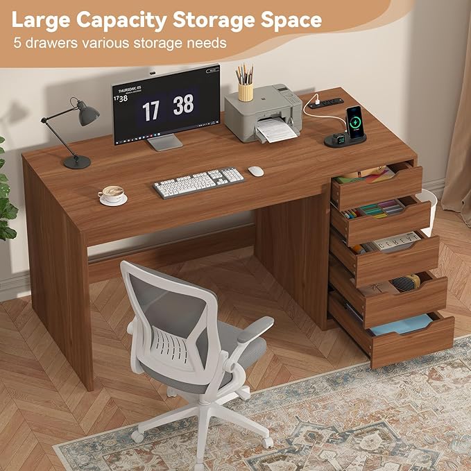 YOMILUVE 47 Inch Computer Desk with 5 Drawers and Power Outlets, Home Office Desks with Storage File Cabinet, Modern Simple Laptop Desk Writing Table for Small Spaces, Brown