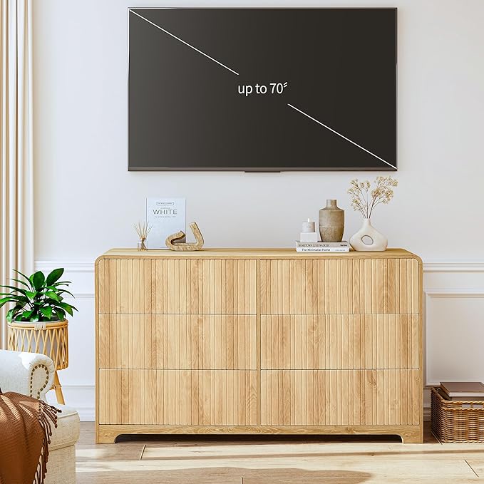 BERRYMERRY Fluted 6 Drawers Dresser for Bedroom, 53" Wide Chest of Drawer with Rounded Edge,Mid Century Modern Large Double Wood Dresser for Living Room Bedroom