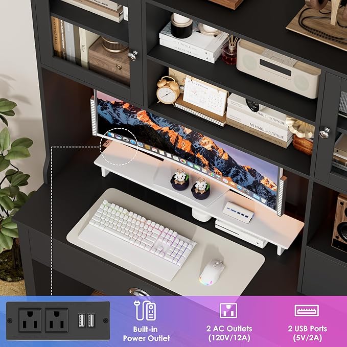FACBOTALL Computer Desk with Hutch and RGB Lights, 65" Office Desk with Power Outlet, Makeup Vanity with 3 Doors & 3 Drawers, Executive Desks for Home, Work and Study, Black (Black)