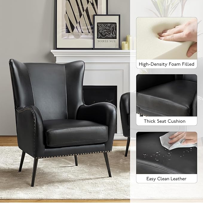 HULALA HOME Faux Leather Accent Chair Set of 2 with Removable Cushion, Comfy Upholstered Armchair with Metal Legs & Nailhead Trim Wingback Vanity Chair for Reading Living Room Bedroom, Black