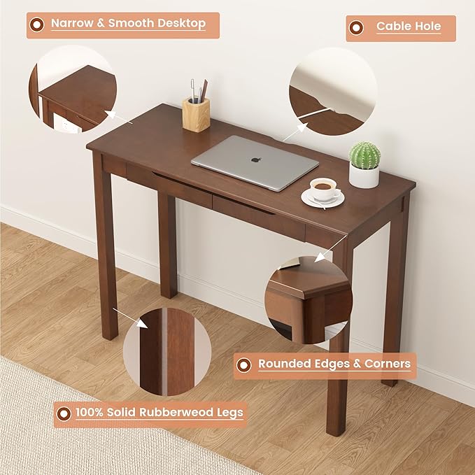 100% Solid Wood Desk with 2 Drawers, 39 x 16 Inch Narrow Mid Century Modern Desk, Vintage Small Wooden Writing Table for Small Spaces Bedroom, Living Room, Office