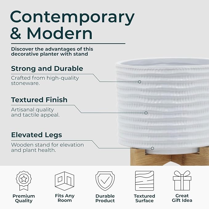 Ceramic Planter with Bamboo Stand – Modern Home Decor Indoor Plant Pot with Textured Stoneware Design – Decorative Planter with Legs for Living Room, Bedroom, Office, Patio, or Garden - 8", White