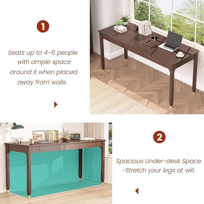 63 Inch Long Solid Wood Desk with Drawers - Mid Century Modern Office Desks, Executive Computer Desk for Two People, 2 Person Desk|Gaming Writing Study Table for 2 Monitors-Dark Walnut