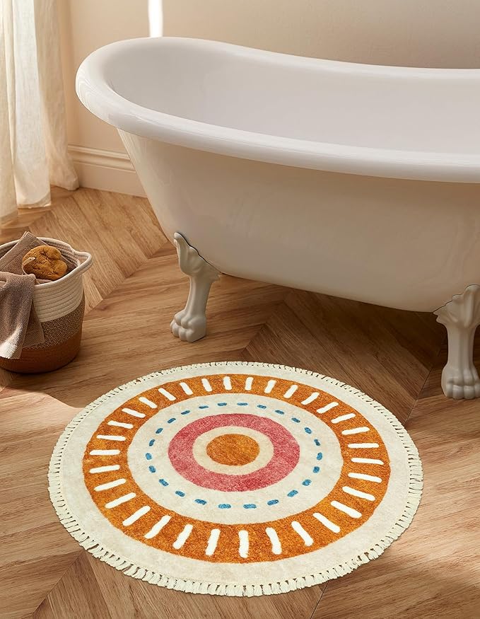 Lukinbox Boho Bathroom Rugs -2Ft Washable Round Area Rug, Soft Circle Bedroom Rug with Fringes, Small Colorful Non-Slip Sun Circular Rainbow Throw Rugs for Kids Room Chair Sofa Entryway