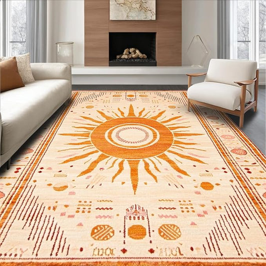 Flatwoven High Traffic Area Rug 8x10, Boho Retro Sun Rug with Vintage Warmth and Welcome Motif for Indoor, Non Slip, Stain Resistant, Washable Area Rugs for Living Room, Bedroom (Beige, 8x10)
