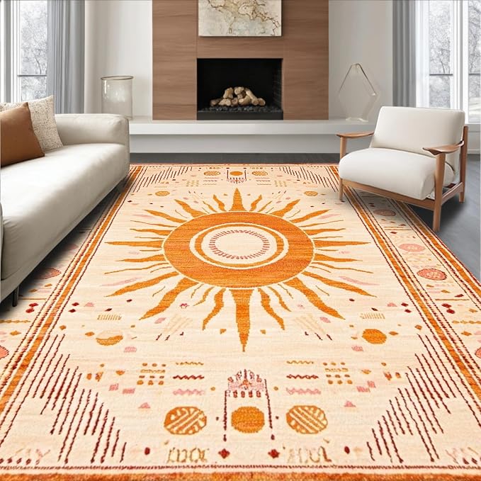 Flatwoven High Traffic Area Rug 4x6, Boho Retro Sun Rug with Vintage Warmth and Welcome Motif for Indoor, Non Slip, Stain Resistant, Washable Area Rugs for Living Room, Bedroom (Beige, 4x6)