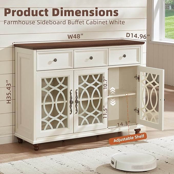 Large Sideboard Buffet Cabinet Set of 2 with Storage,48" Credenza with 3 Glass Doors & 3 Drawers,Adjustable Shelves Coffee Bar,Wood Kitchen Console Table for Dining Room,White