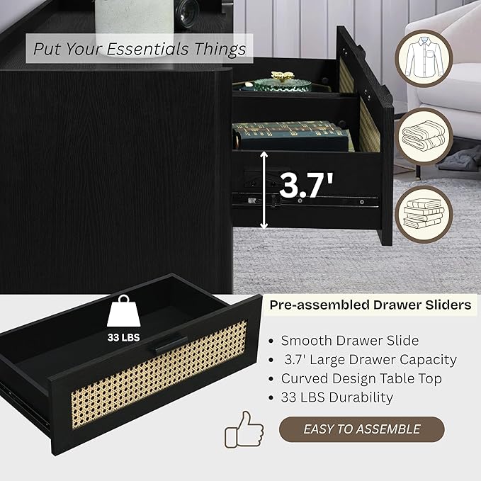 ELISA HOME Rattan-Inspired 6 Drawer Dresser for Bedroom, 47.2″ W Modern Wide Chest of Drawers, Wood Storage Organizer for Clothes, Entryway, Hallway, Nursery or Living Room, Black