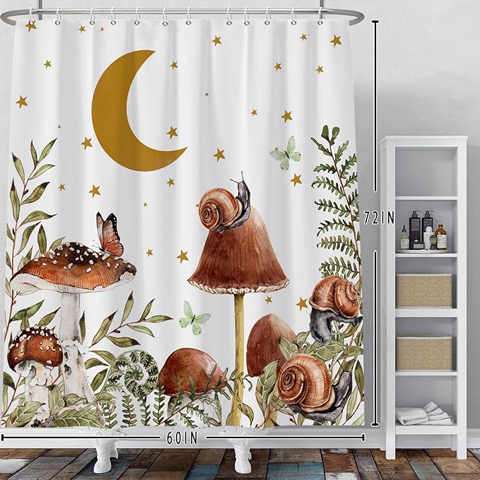 Baocicco Mushroom Shower Curtain Cute Retro Mushrooms Butterfly Snails Botanical Moon Stars Shower Curtains Decorative for Bathroom Waterproof Fabric Shower Curtain with Hooks 60x72 Inches