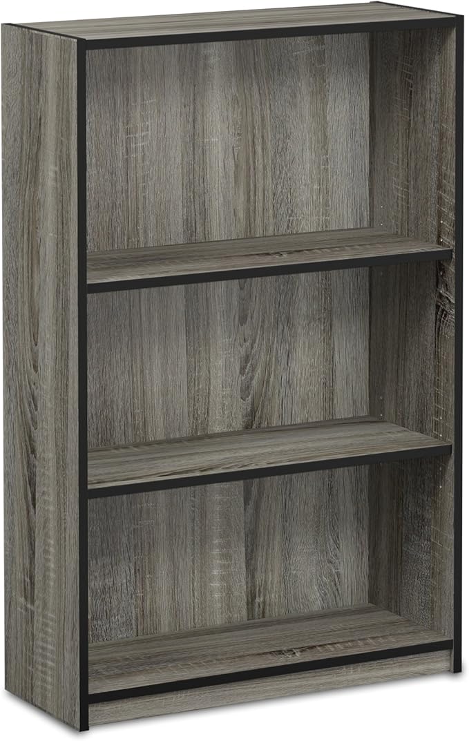 Furinno Jaya Book Shelf, 3-Tier Bookshelf, Standing Bookcase with Adjustable Shelves, 9.5 x 24.5 x 40.3, for Organization and Storage, for Living Room, Bedroom, Home Office, Grey Oak