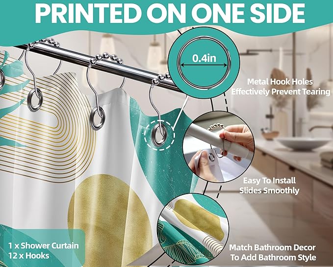 Teal Blue and Gold Shower Curtain Turquoise Aqua and White Shower Curtains for Bathroom Decor Boho Mid Century Bath Curtain Set, Waterproof Fabric with Hooks 70 x 72 Inch