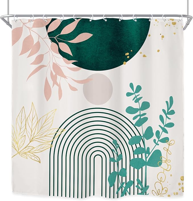 Riyidecor Sage Green Pink Boho Shower Curtain for Bathroom Decor 72Wx72H Mid Century Modern Leaves Contemporary Bohemian Arch Art Printed Fabric Polyester Waterproof 12 Pack Plastic Hook