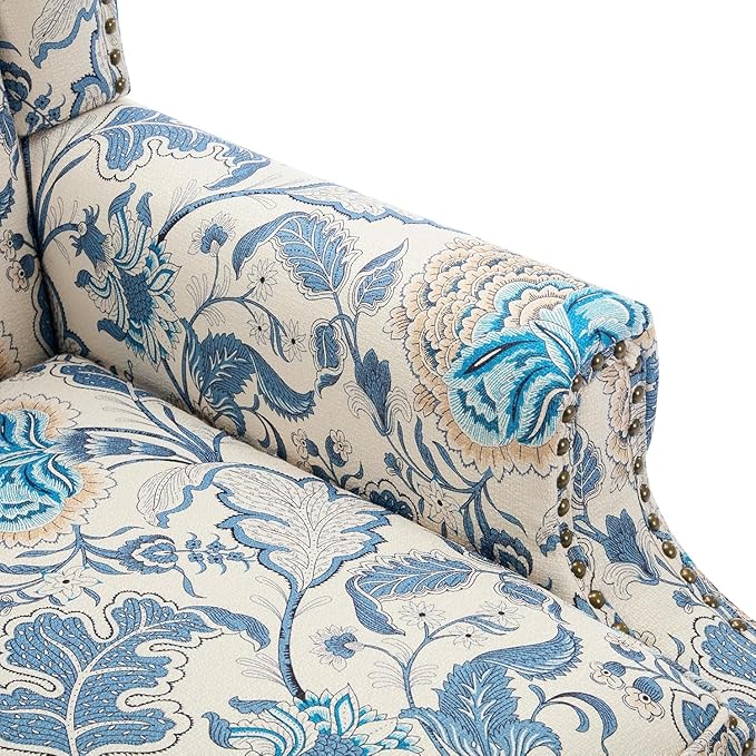 High Back Accent Chairs Set of 2, Floral Wingback Chair Fabric Upholstered Armchair for Living Room, Nailhead Trim Single Sofa Bedroom Reading Seat - Boho Blue