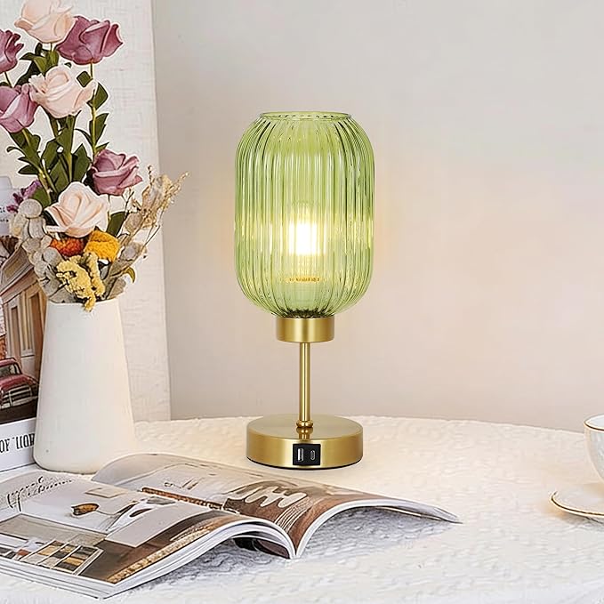 Vintage Table Lamp for Bedroom with Bulb, Small Green Glass Beside Lamp with USB Ports, 3 Way Dimmable Gold Desk Lamp, Mid Century Modern Nightstand Lamp for Living Room, Office, Home Decor