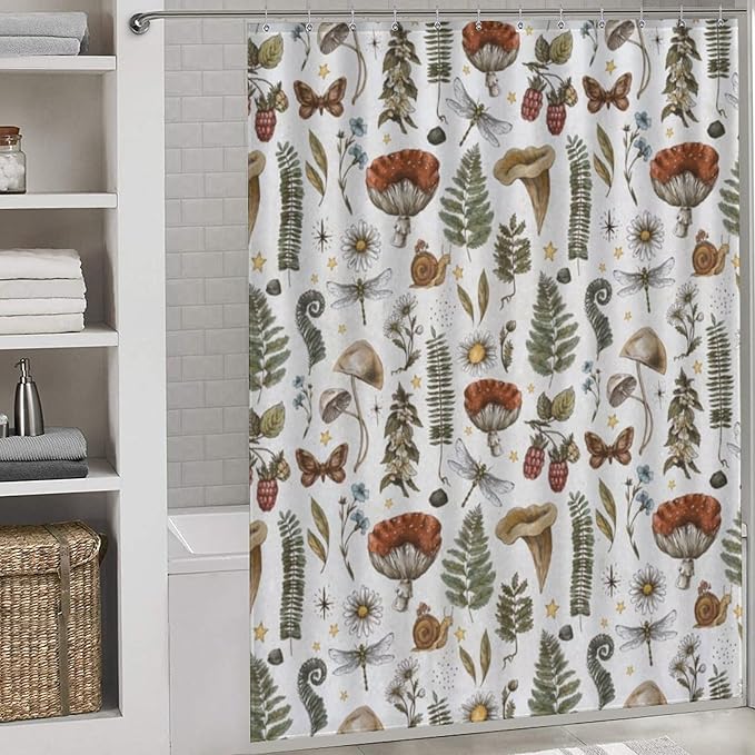 Mushroom Shower Curtain for Bathroom, Farmhouse Country Wild Floral Daisy Botanical Mushroom Cottagecore Nature Plants Herbs Retro Waterproof Fabric Shower Curtain Set with Hooks, 72"x72" Inch
