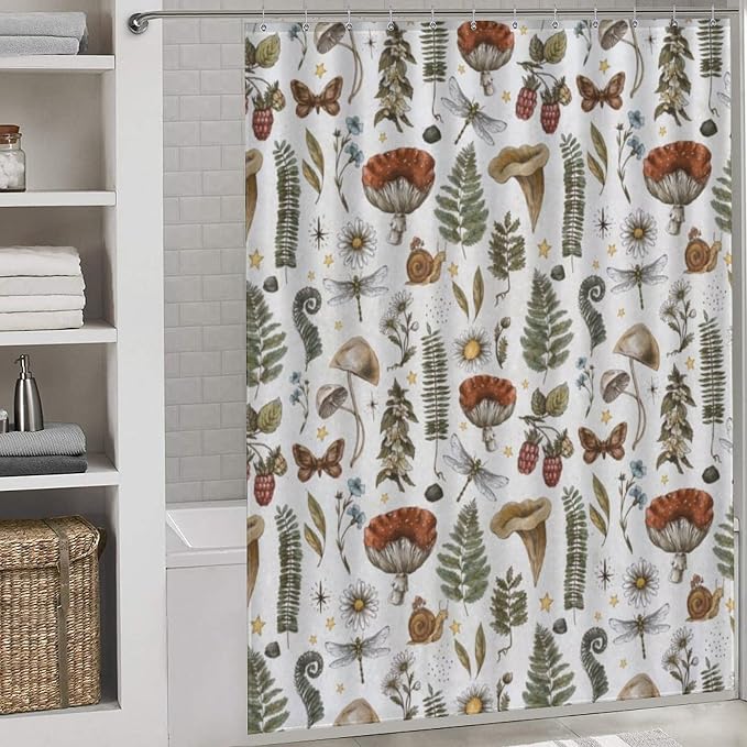 Mushroom Shower Curtain for Bathroom, Farmhouse Country Wild Floral Daisy Botanical Mushroom Cottagecore Nature Plants Herbs Retro Waterproof Fabric Shower Curtain Set with Hooks, 72"x78" Inch