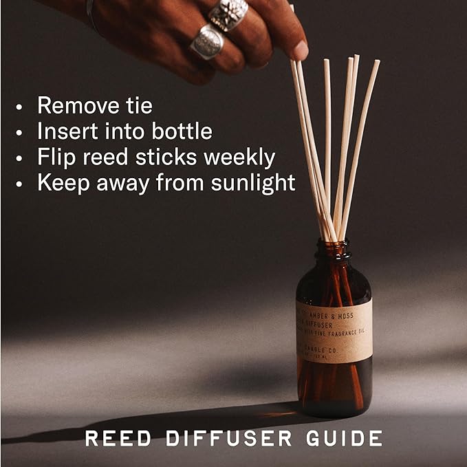 P.F. Candle Co. Amber & Moss Classic Scented Rattan Reed Diffuser (3.5 fl oz) Amber Glass Jar, Fine Fragrance Oil, Flame-Free Fragrance, Made in The U.S.A.