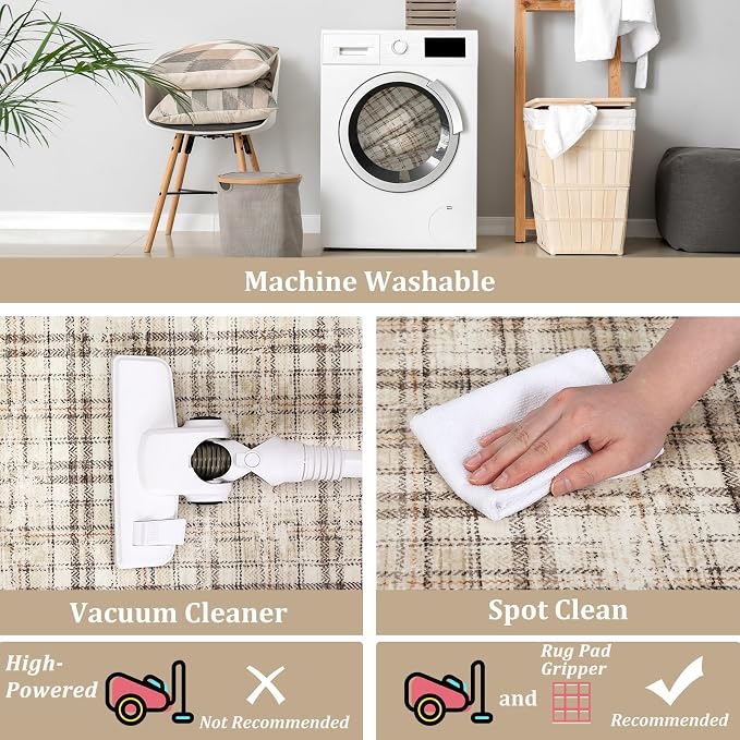 Washable Runner Rug 2x8 Modern Entryway Rug Tartan Plaid Non Slip Kitchen Rugs Farmhouse Bedroom Area Rug Hallway Runners Soft Bathroom Rugs Stain Resistant Carpet 2'x8' Green/Beige