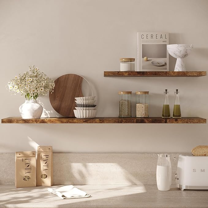 Wall Shelf Set of 2, Rustic Brown Floating Shelves 30 in W x 10 in D x 1 in H, Wooden Floating Wall Shelf with Invisible Brackets for Living Room/Bedroom/Bathroom/Kitchen Storage and Decor