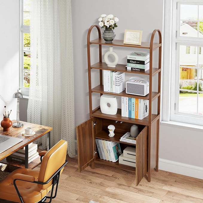 71” Tall Arched Bookshelf Storage with Fluted Doors, Mid Century Modern 6 Tier Bookshelves, Freestanding Bookcase Cabinet with Open Display Storage Shelf for Living Room Home Office Bedroom, Walnut