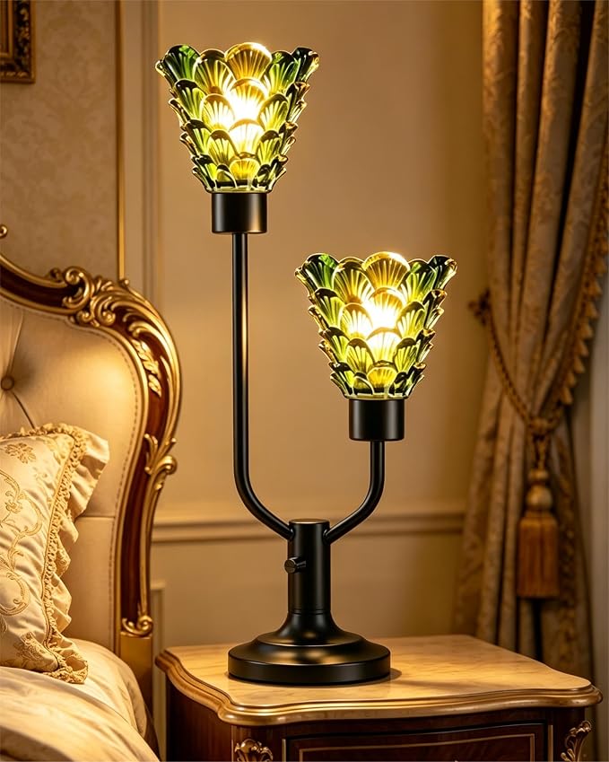 Lightdot Green Glass Table Lamp for Living Room Dimmable Mid Century Modern Vintage Desk Lamp Black Nightstand Lamp 2 Bulbs Included Warmwhite Ambient Bedside Lamp for Bedroom Home Office Decor Gift