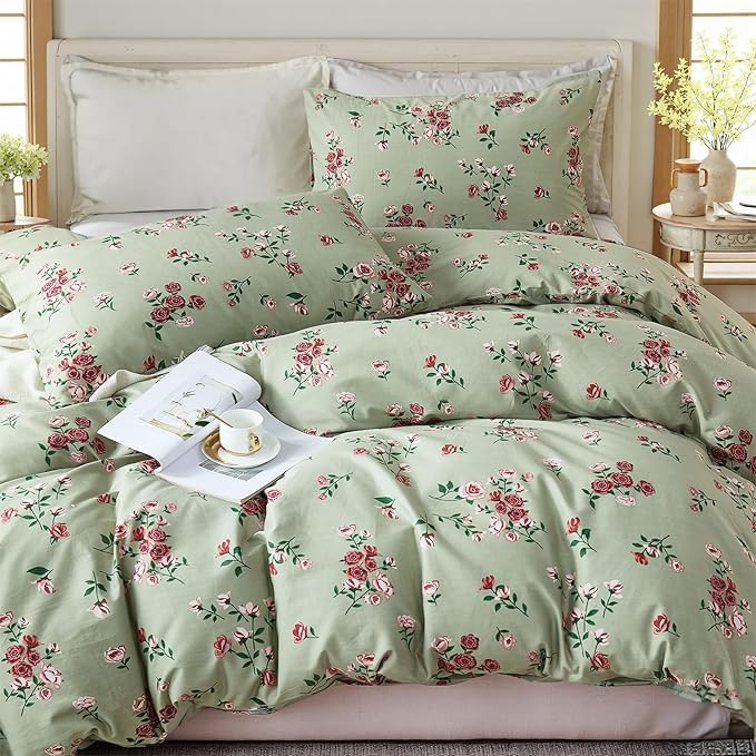100% Cotton Duvet Cover Set Queen Size– Green Classic Botanical Print Bedding Set 3 Pieces, Breathable Lightweight Comforter Cover with Zipper Closure, Vintage Garden Floral Bed Set
