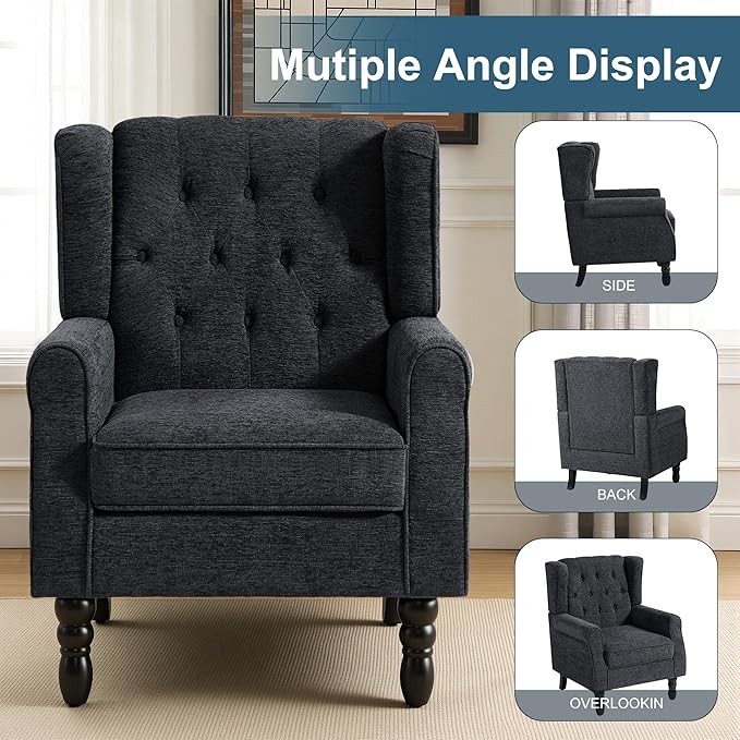 High Back Accent Chair, Accent Chair for Living Room, Button-Tufted Upholstered Fabric Armchair with Solid Wood Legs, Comfy Single Sofa Reading Chair for Bedroom,Black Blue
