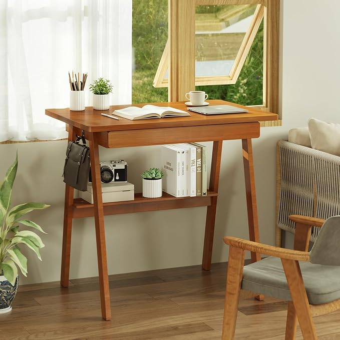 Solid Wood Writing Desk with Drawers - 31.5" Mid Century Modern Desk, Small Computer Home Office Desks for Small Spaces with Storage Shelf, Study Makeup Workstation for Bedroom/Living Room, Walnut