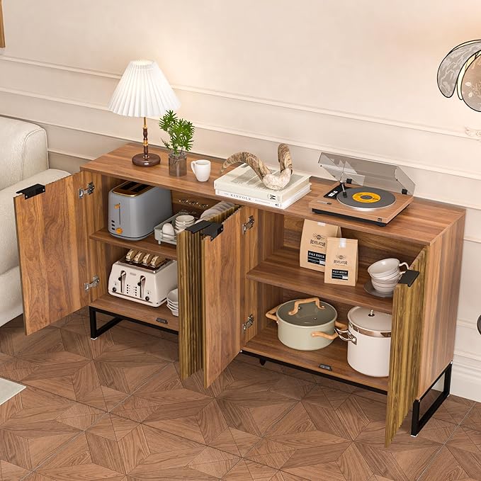 Fluted Accent Storage Cabinet, Kitchen Sideboard Buffet with 4 Fluted Doors, Adjustable Shelves for Living Room, Dining Room, Hallway (Walnut)