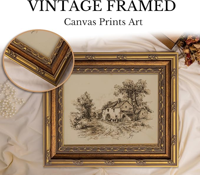 Vintage Gold Framed Farmhouse Sketch Wall Art，Retro Country Cottage with Cattle Canvas Prints, Antique Rural Farm Scene Drawing Poster Artwork for Living Room Bedroom Kitchen Wall Decor，16x24in
