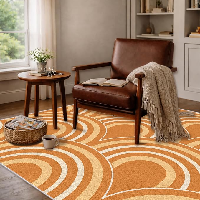 Terracotta Arch Area Rug 7 x 9 ft, Mid-Century Modern Geometric Rug, Burnt Orange Cream Abstract Washable Rug, Soft Low Pile Non-Slip Carpet for Living Room Bedroom