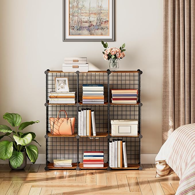 HOOBRO Wire Cube Storage Organizer, 9-Cube Shelves, Modular Shelves with Metal Grid, DIY Closet Cabinet for Living Room, Bedroom, Rustic Brown and Black BF09CW01