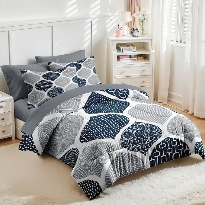 Nesker Comforter Set Queen Size, Boho Bohemian Abstract Blue Gray 7 Pcs Bedding for Kids and Adults, Indigo Geometry Grey Bed Sheet Sets with Fitted Sheet 2 Pillowcases & 2 Shams
