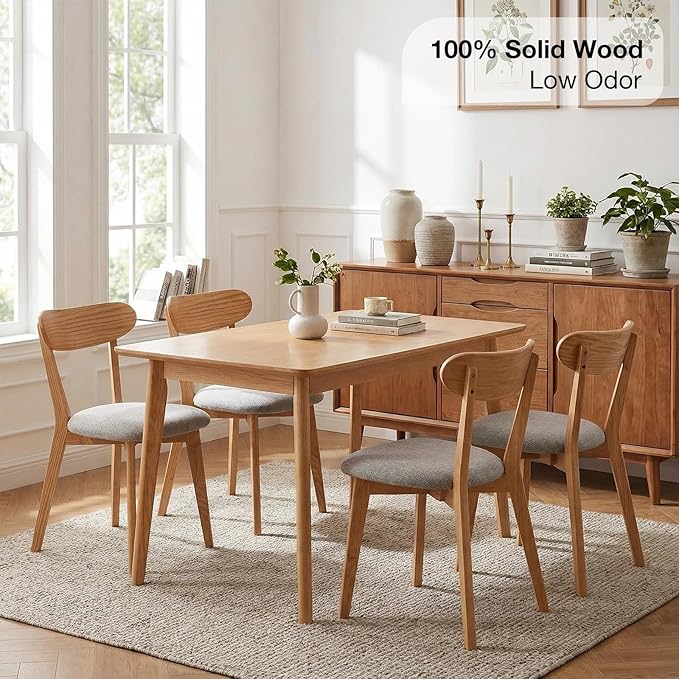 100% Solid Oak Wood Dining Room Chairs - Practical Kitchen Chairs - Wood Chair for Dining Room, Kitchen (4, Natural with Grey Cushion)