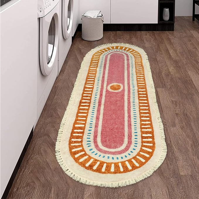 Lukinbox Boho Bathroom Runner Rugs with Fringes, 2x6 Oval Sun Washable Hallway Runner Rug, Extra Long Soft Non-Slip Rainbow Area Rug for Kitchen Laundry Room Entryway
