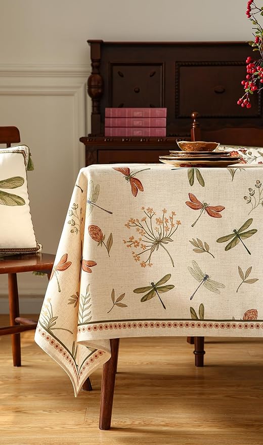 ISAENNE Designer Floral Linen Extra Long Rectangle Table Cloth,French Off White Elegant Tablecloth,Washable Home Decor Tablecloths for Dining Thanksgiving Kitchen Christmas,67"*118"-Grace B