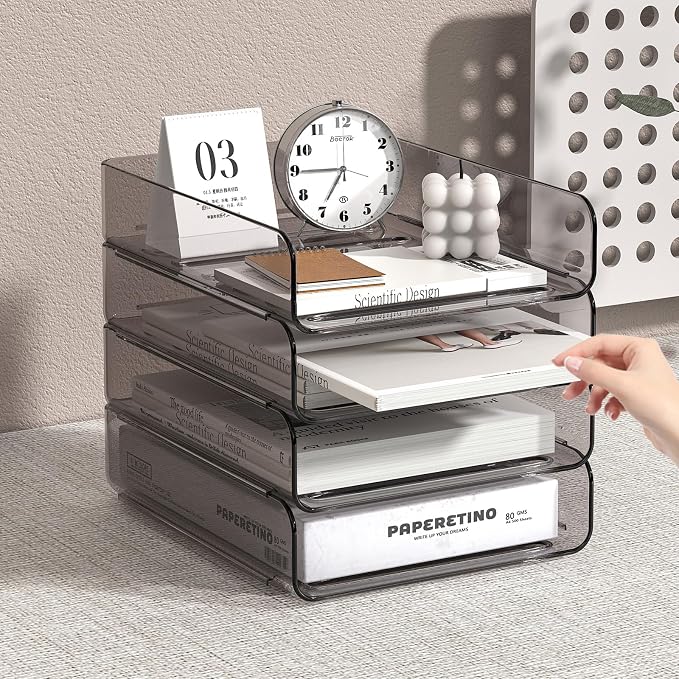 FANXIYQ 4-Tier Acrylic Paper Tray Organizer, Smoked Brown Stackable Desk File Organizer for Documents, Files, Letters, A4 Paper, Books, Notes, Mail & Paper Storage, Office Classroom Home