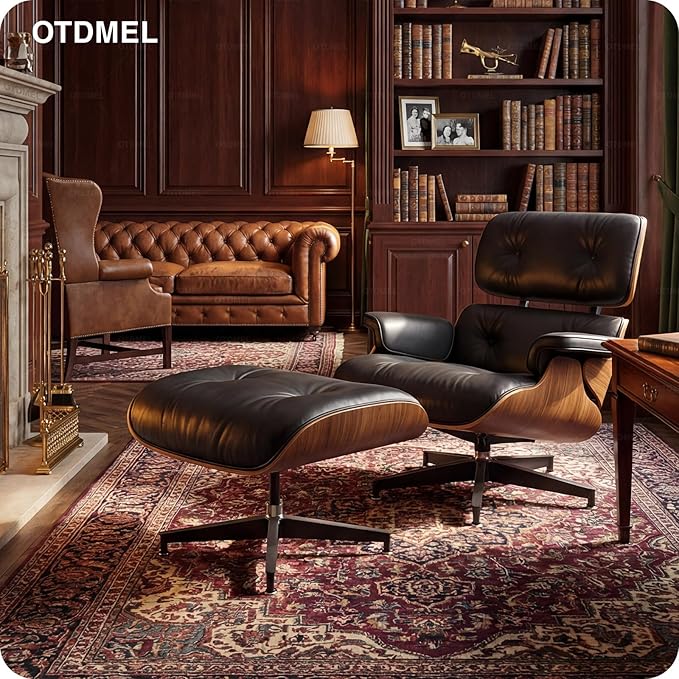 Luxury Top Grain Leather Mid Century Chaise Lounge Chair with Ottoman, Heavy Duty Base Support, Reading Chair, Modern Arm Chair, Leather Accent Chair for Living Room and Office, Walnut