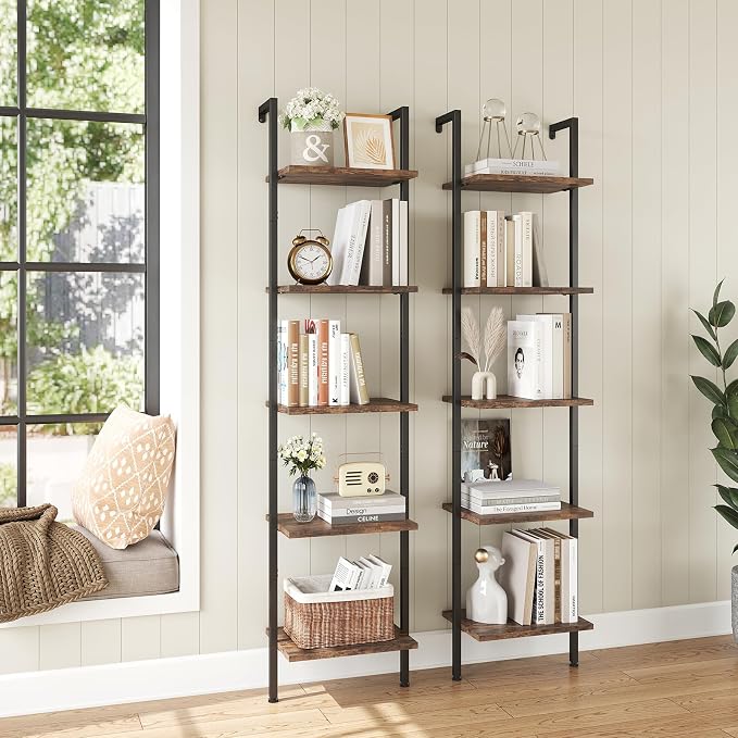 ELYKEN Ladder Shelf, 5-Tier Wood Wall Mounted Bookshelf with Metal Frame, Vintage Open Display Organizer Rack, Leaning Storage Shelves for Living Room, Bedroom, Home Office, Rustic Brown