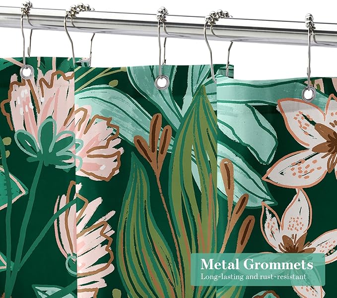MitoVilla Boho Floral Green Shower Curtain, Spring Flower Shower Curtains for Rustic Vintage Bathroom Decor, Chic Elegant Fabric Cloth Shower Curtain, Summer Tropical Leaves, 72x72