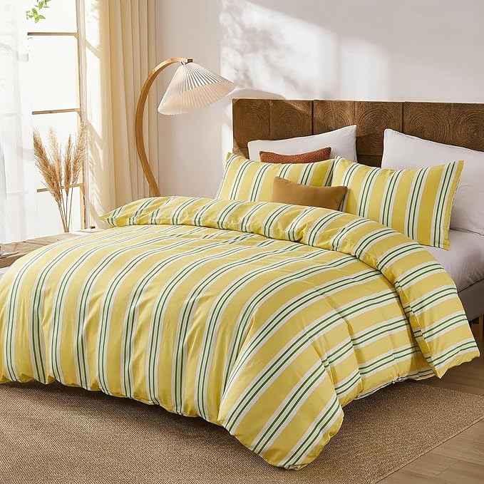 Merryword Striped Duvet Cover Set Queen Size - 100% Cotton Duvet Cover Set, Yellow Ribbon Stripes Pattern Comforter Cover 3 Pieces, Soft Linen Like Bedding Set for All Seasons
